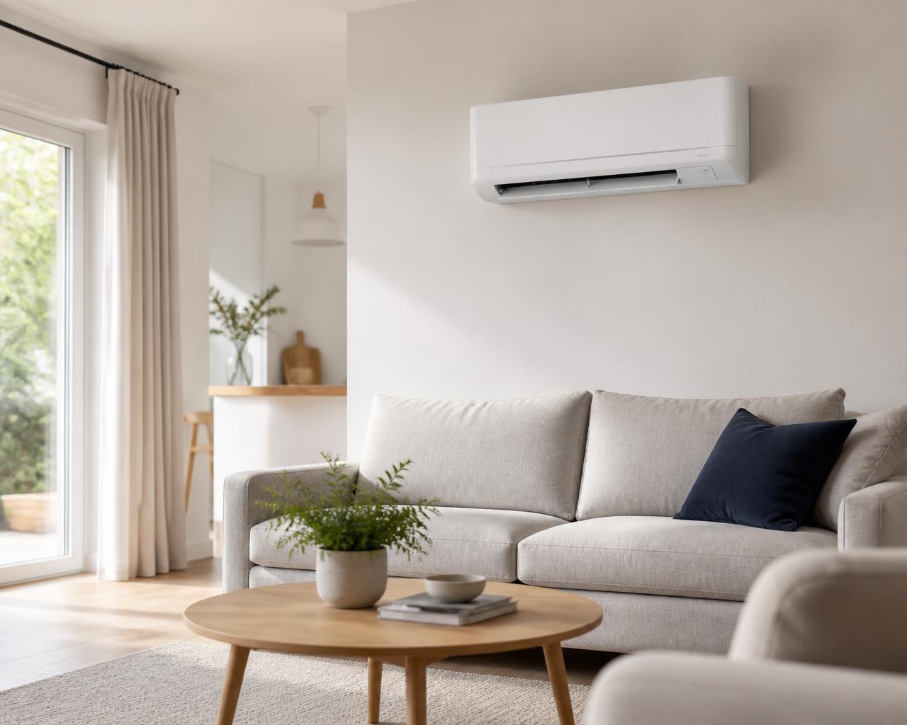 Wall-mounted air conditioning unit in a bright modern living room